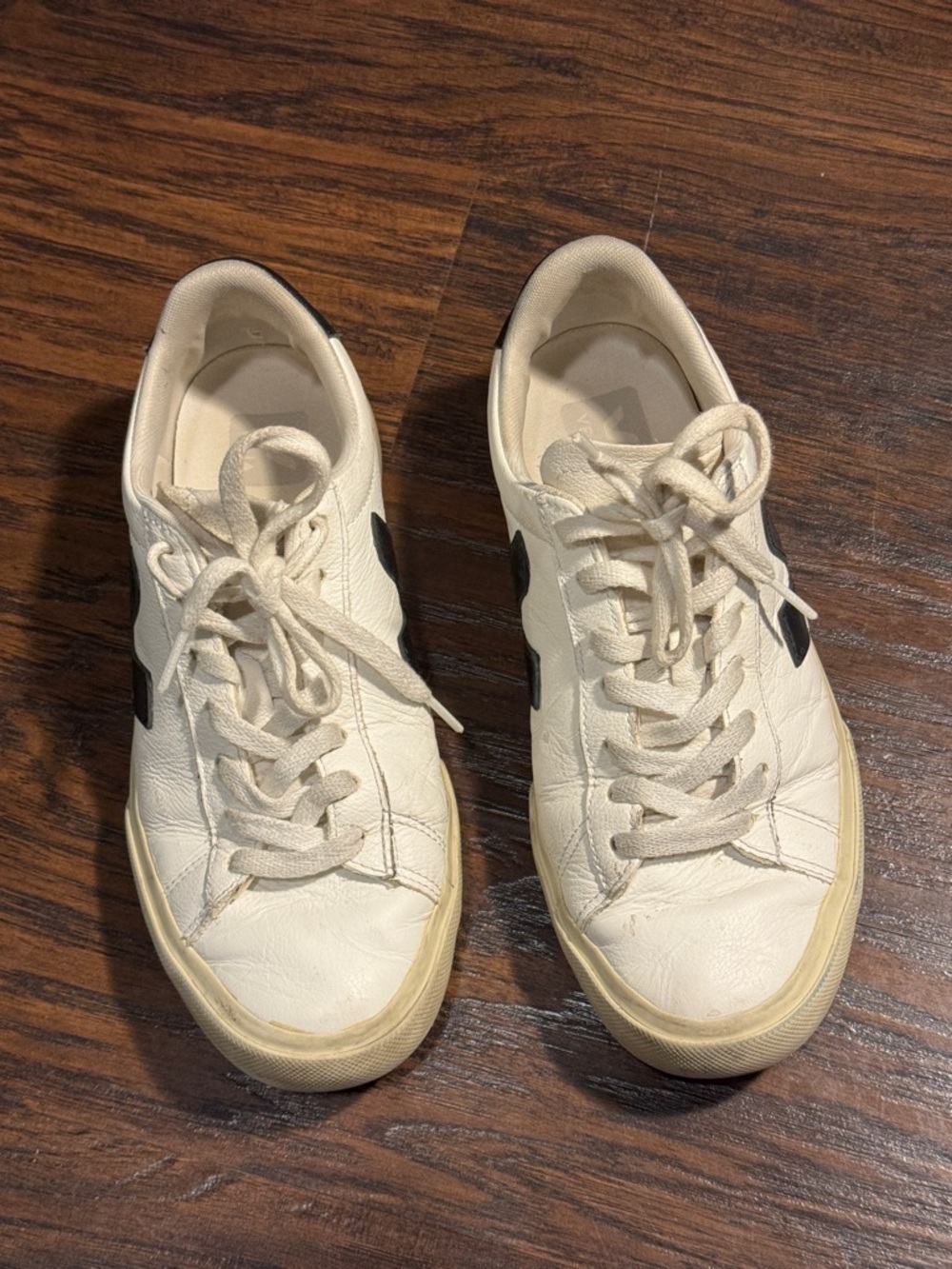 Veja Cream Leather Sneakers with Black V Accents - Picture 3 of 10